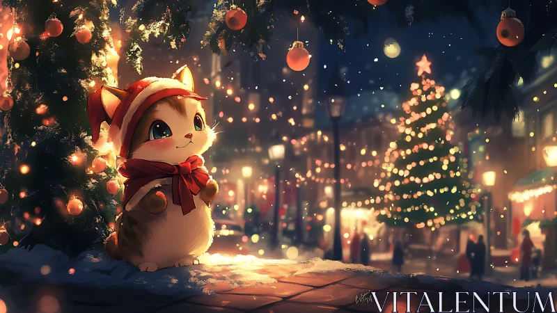 Digital painting of festive kitten under luminous city tree.