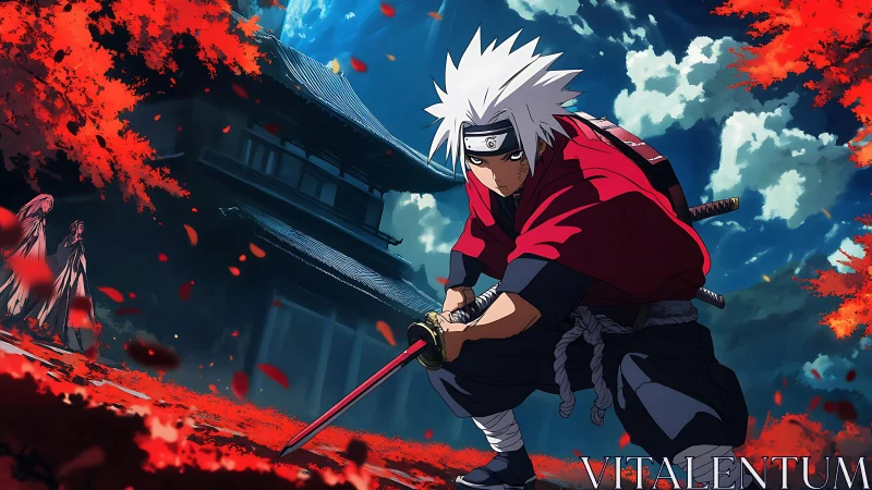 Scarlet-leaf samurai poised before moonlit temple courtyard.