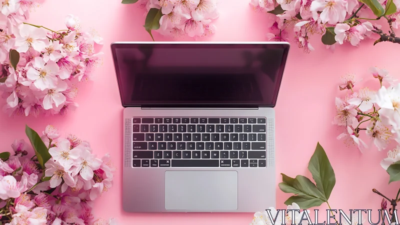 Open laptop on pink surface with surrounding cherry blossoms.