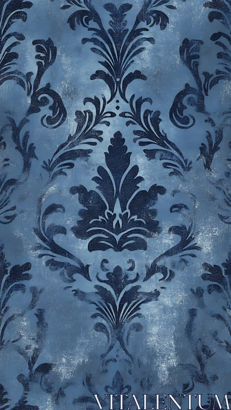 Weathered blue damask pattern with softly aged charm.