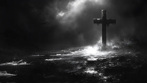 Dark river landscape with lone stone cross in harsh light.
