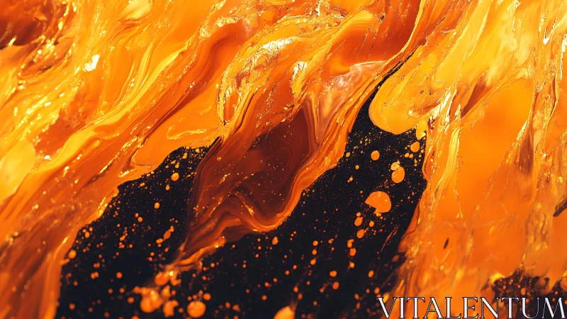 Vivid Abstract Orange and Black Fluid Art Painting with Swirling Patterns.