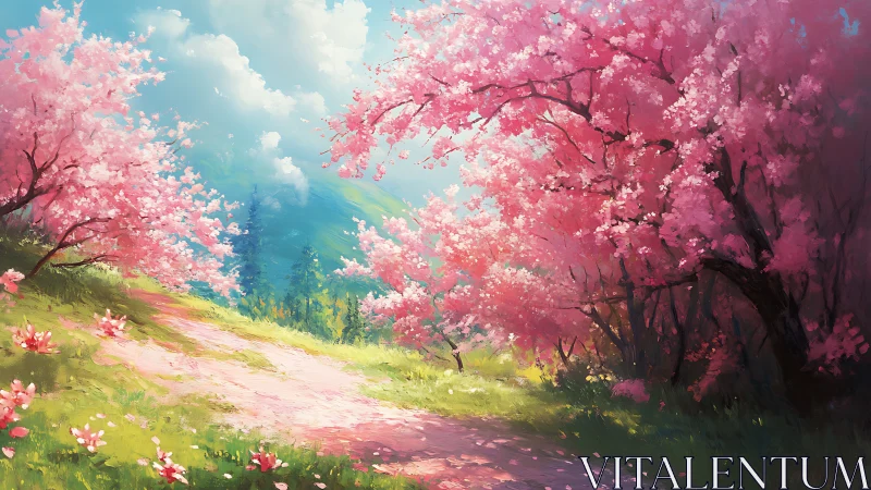 Spring hillside path framed by luminous pink blossoms.