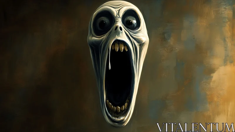 Digital painting of elongated screaming skull against void background.
