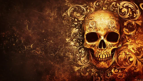Gilded skull blooms from swirling baroque embers tonight
