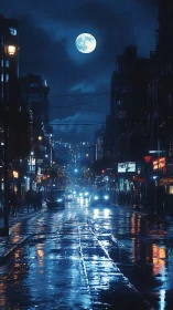 Rainy city street at night under full moon glow.