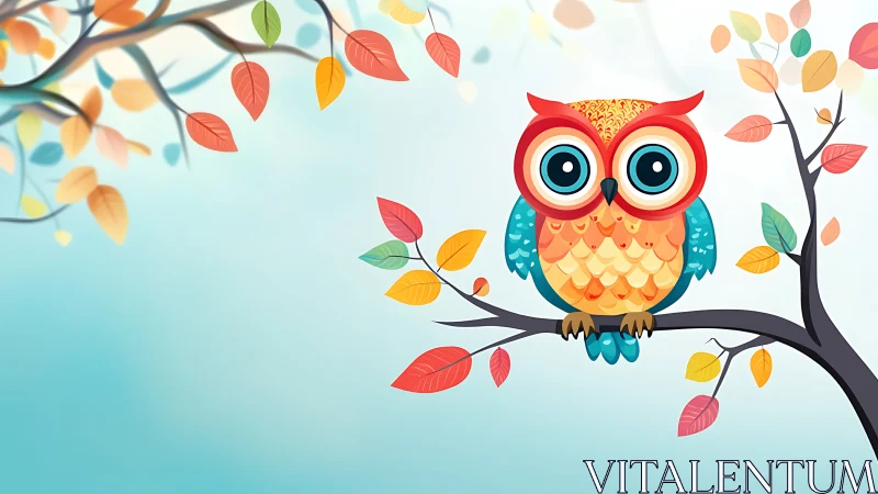Colorful owl perches on autumn branch with stylized leaves