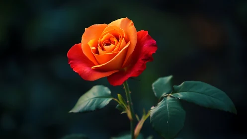 Orange-Red Rose Blossom Against Dark Foliage.