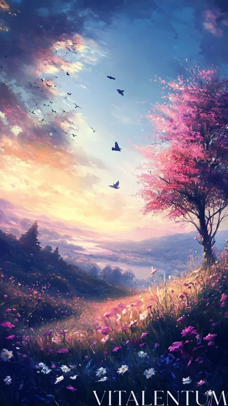 Luminous valley panorama with flowering hillside and dusk sky.