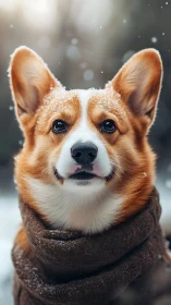 Warmly wrapped corgi in softly falling winter snow portrait.