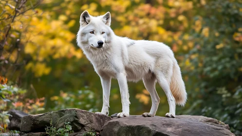 White wolf stands on rock ledge before defocused foliage