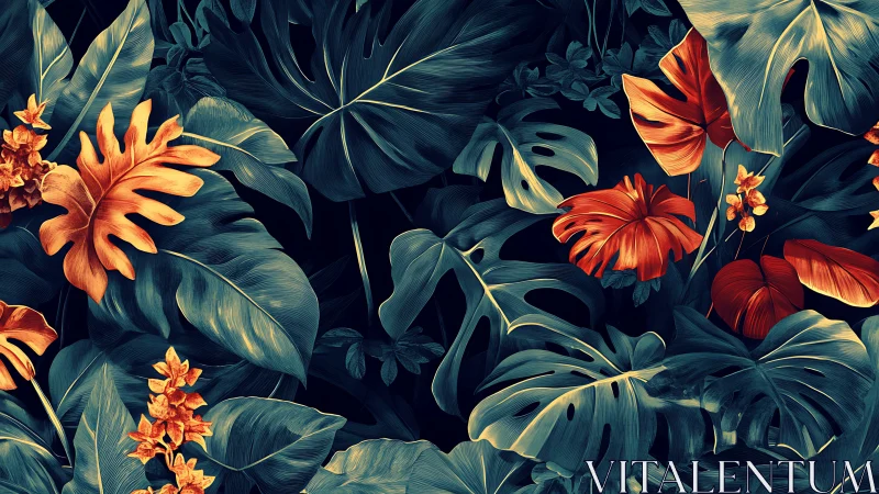 High-contrast digital tropical foliage with stylized orange blooms