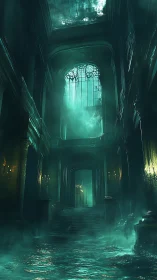 Flooded vaulted hall with mist, stairs, and tall windows.