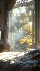 Sunlit bedroom with open window onto bright autumn trees.