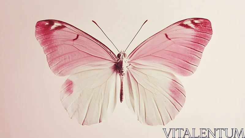 Pink and white butterfly spreads delicate wings in stillness.