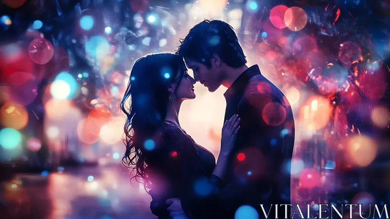 Silhouetted couple framed by glowing bokeh lights in dreamlike embrace.
