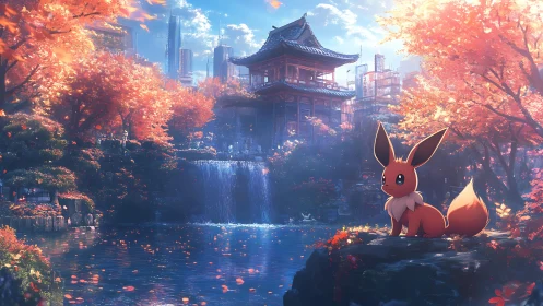 Digital painting of autumn shrine garden with urban skyline contrast.