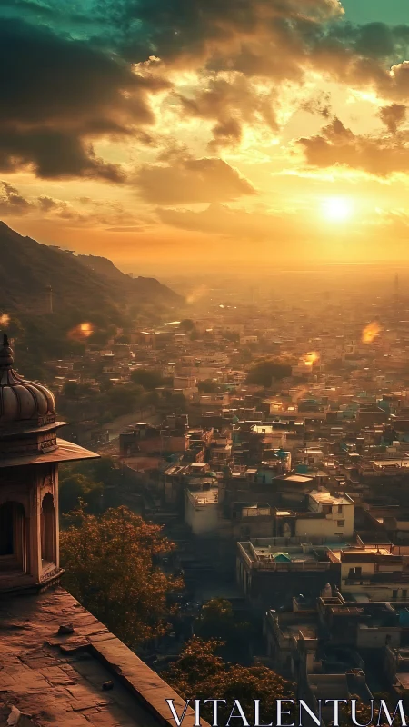 Sunlit hillside cityscape glows under dramatic evening clouds