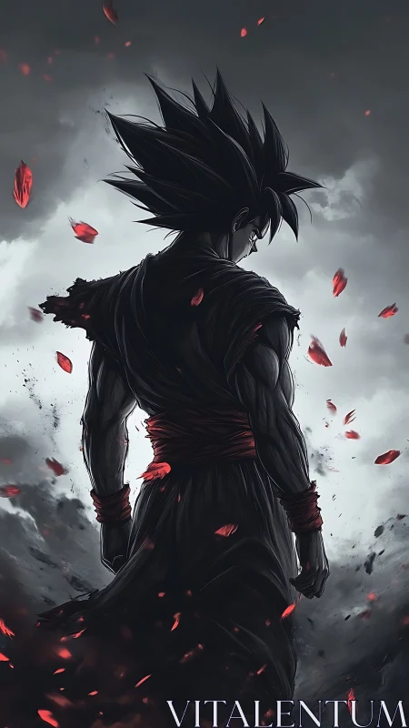 Stormlit warrior of ash skies and crimson embers stands alone.