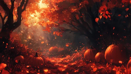 Golden autumn path glowing with pumpkins and falling leaves.