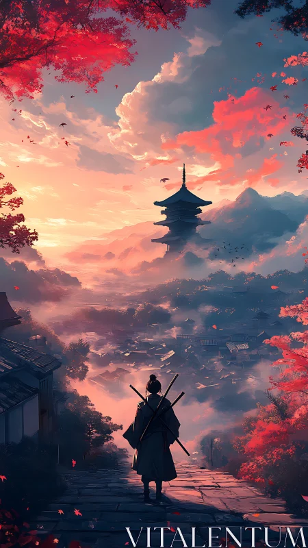 Crimson clouds escort a lone wanderer toward the pagoda