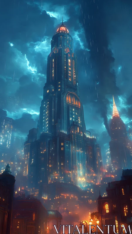 Neo-gothic megatower under stormlit cyberpunk skyline.