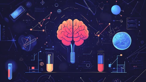 Neon neural brain diagram integrates science and data symbology