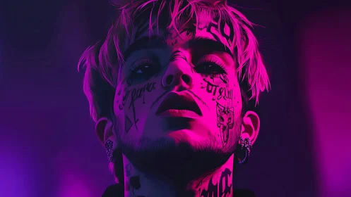 Neon magenta portrait of tattooed youth under low key lighting