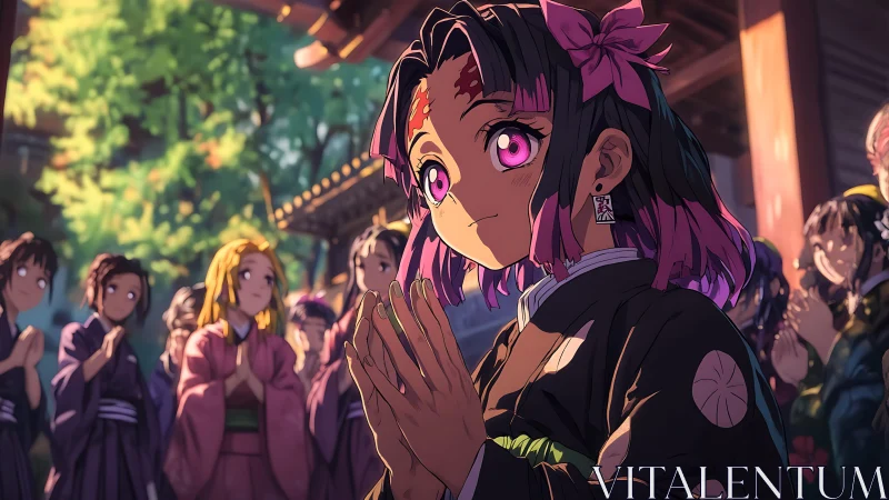 Anime shrine girl in prayer amid serene festival crowd.