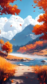 Autumn river valley frames distant mountains under clouded sky