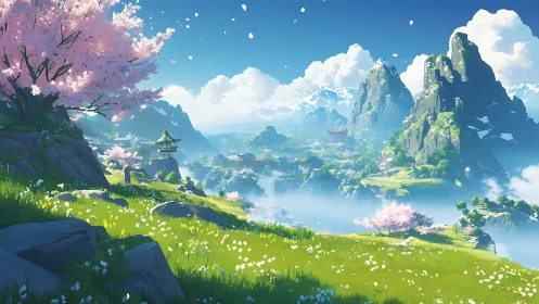 Spring valley under cherry blossoms and misty peaks.