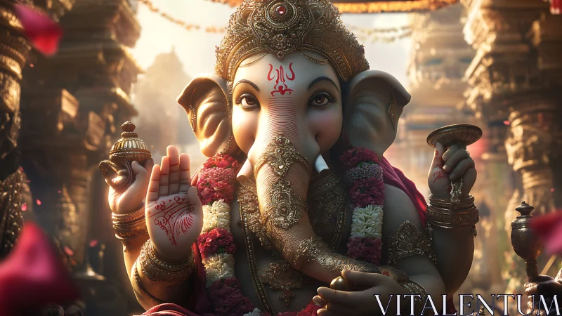 Divine Ganesha idol in sunlit temple courtyard detail.