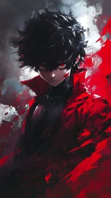 Mysterious red‑eyed hero wrapped in bold swirling crimson.