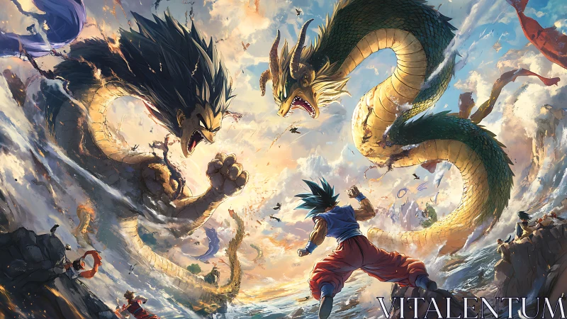 Epic anime warrior confronts twin elemental sea dragons.