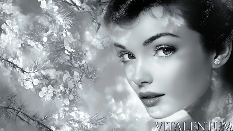 Monochrome woman portrait framed by soft floral branches.