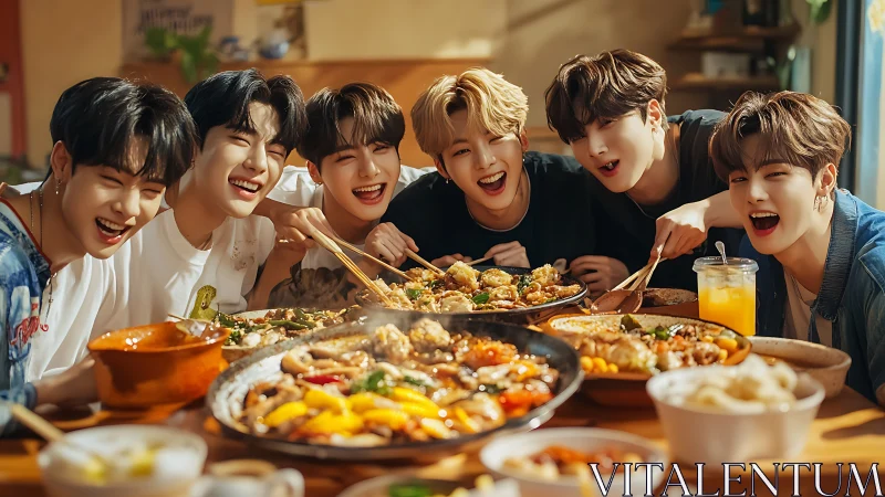 Joyful friends share a colorful Korean feast at sunset light