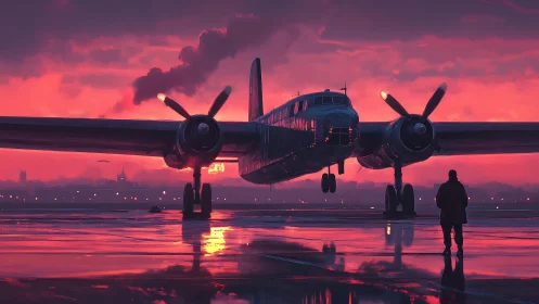 Twin engine propeller airliner at sunset on wet runway