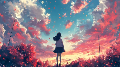 Solitary girl gazes into a blazing, petal-filled sunset sky.