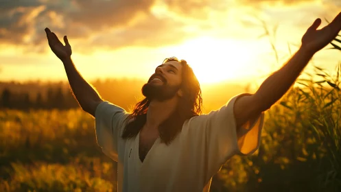 Man with raised arms in sunlit field at golden sunset.