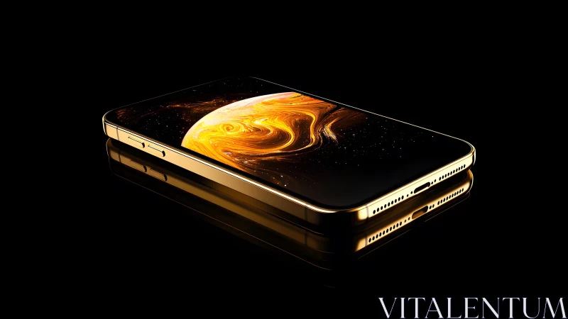 Sleek modern smartphone with golden cosmic display, digital art.