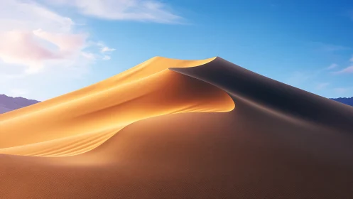 Sunlit crescent dune ridge curves across a clear desert sky