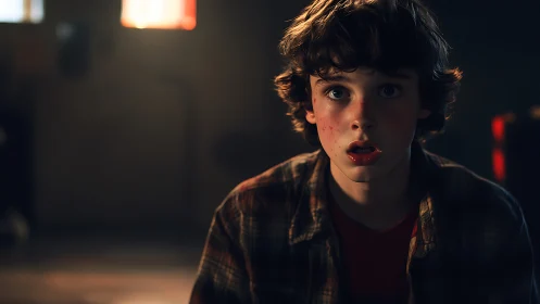 Teen boy in dim interior with focused, front lighting view.