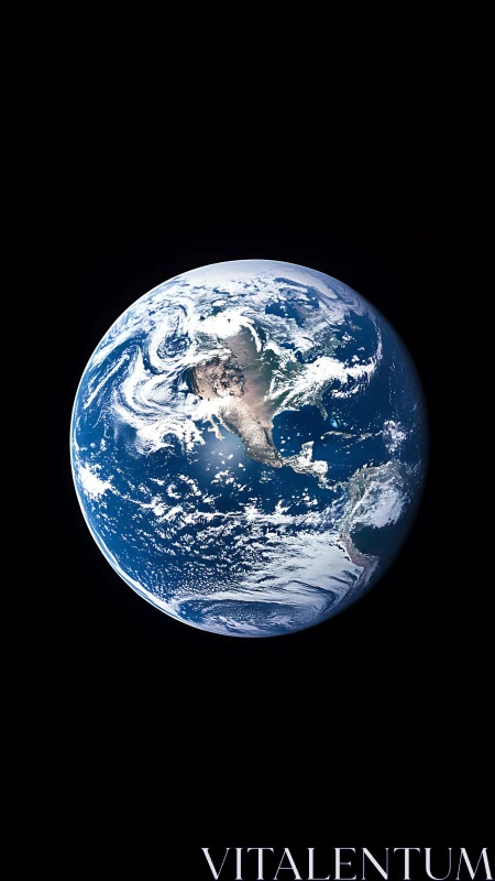 Blue planet drifts in velvet space, swirling with cloud poetry.