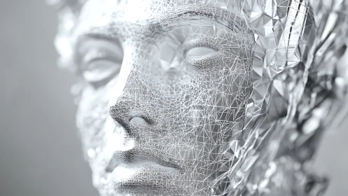 Wireframe human face model constructed from dense white mesh