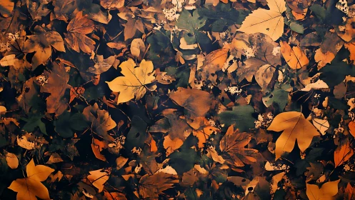 Dense layer of autumn leaves covers entire ground surface