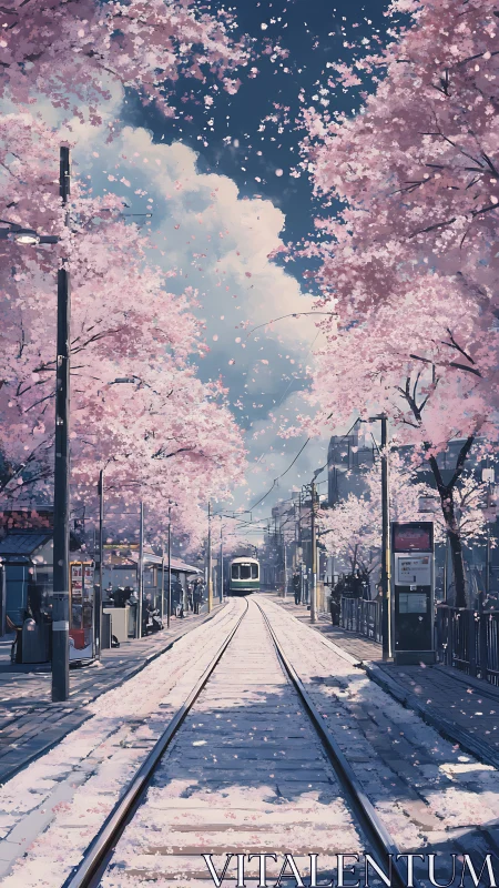 Long tramway corridor under dense cherry blossom canopy in spring