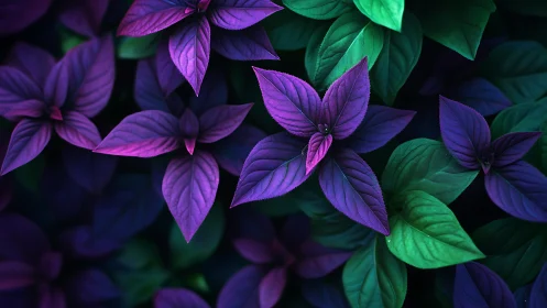 Vibrant purple foliage contrasts with deep emerald leaves