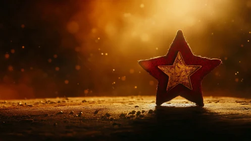 Red fabric star ornament stands on dusty surface backlit