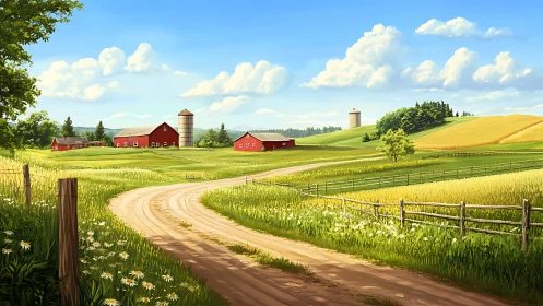 Curving country road leading toward bright red farmsteads.