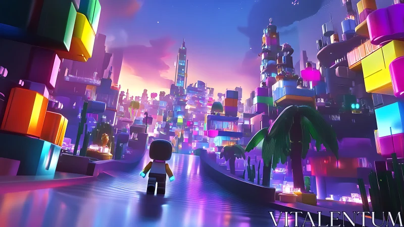 Tiny voyager strolls into a neon sunrise block-city dream